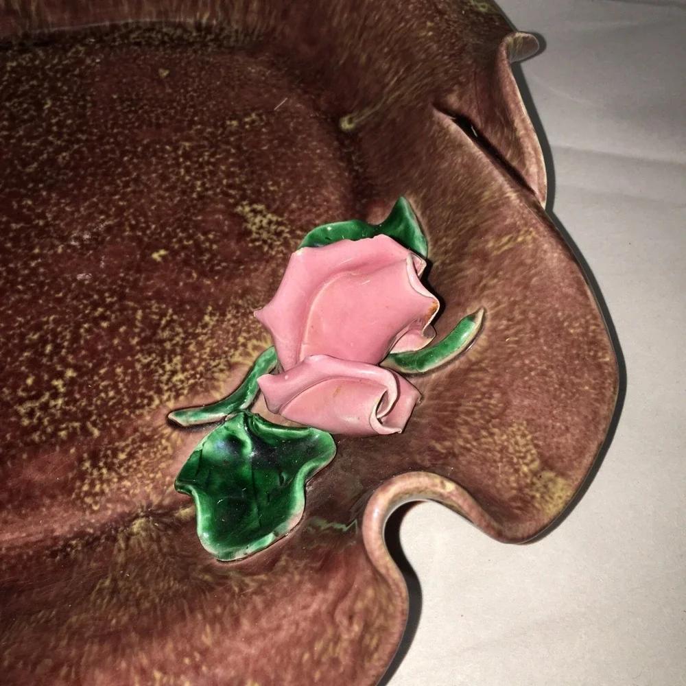 Vintage HAND THROWN POTTERY BOWL DISH APPLIED 3- D PINK ROSES